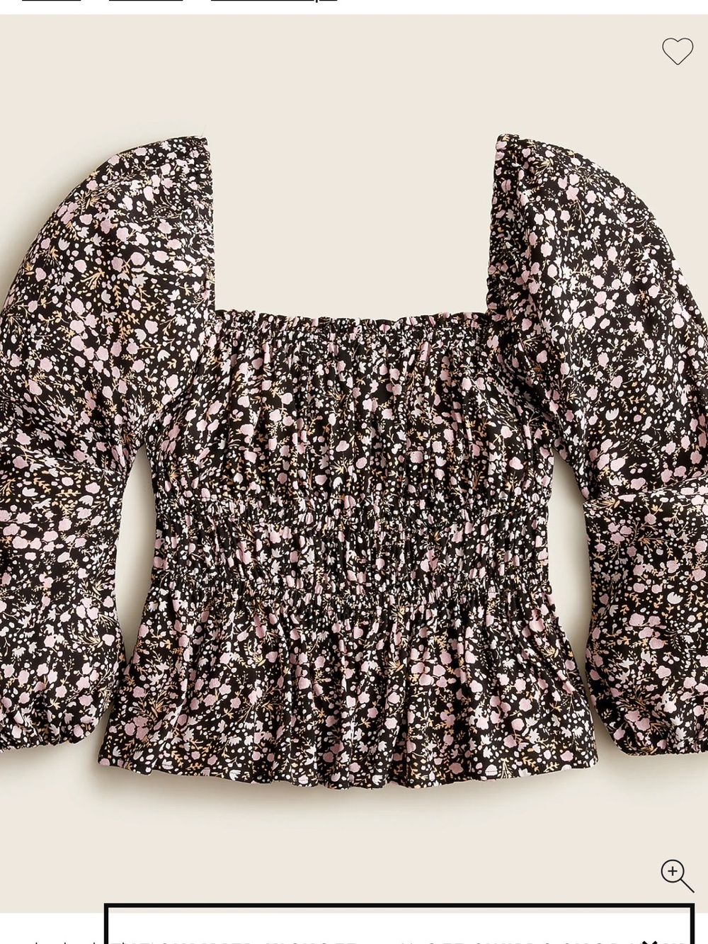 J. Crew NWT Smocked Square-Neck Puff Sleeve Top in Black and Pink Size L